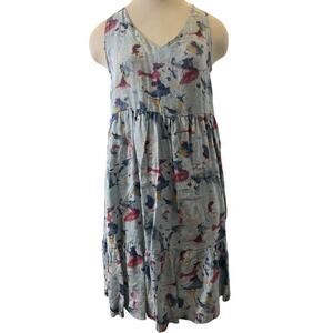 Linen Sun Dress Tie Back V Neck Sz S Blue Abstract Floral Beach Cruise Cottage